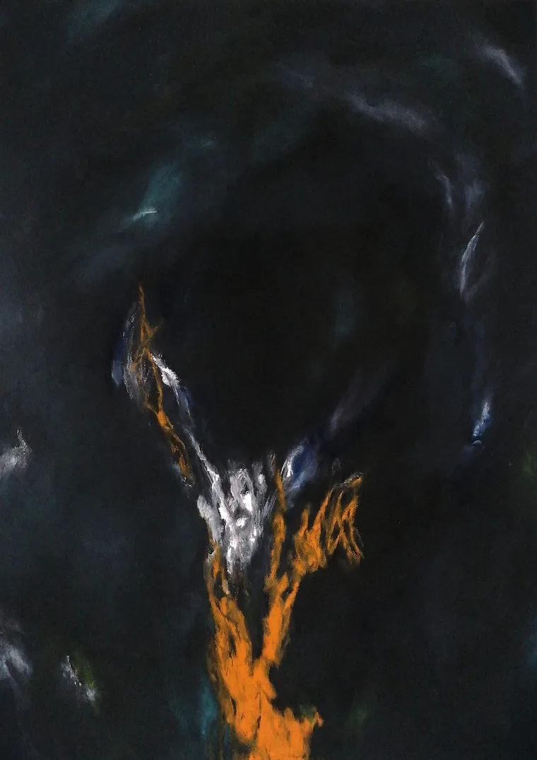 The tyranny of prevailing opinion holds back the growth of individuality., Oil & oil stick on canvas, 70 x 50 cm, 2026 — from the "After Liberty" series